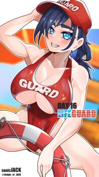 1girl blue_eyes breasts cleavage day hat highleg highleg_one-piece_swimsuit highres holding holding_swim_ring hololive hololive_english huge_breasts innertube knight_of_jack lifeguard long_hair looking_at_viewer one-piece_swimsuit ouro_kronii outdoors red_one-piece_swimsuit sky smile solo swim_ring swimsuit virtual_youtuber