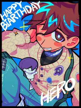 1boy alternate_costume alternate_eye_color blue_pants bright_pupils brown_eyes brown_hair cardigan character_doll commentary_request denim doll double-parted_bangs english_text green_bag grin hair_between_eyes haiyang_shengwu happy_birthday hero_(birthday)_(omori) hero_(faraway)_(omori) hero_(omori) highres jeans long_sleeves looking_at_viewer male_focus mari_(omori) mari_(spirit)_(omori) omori open_mouth pants short_hair smile solo something_(omori) stuffed_toy teeth twitter_username white_cardigan white_pupils