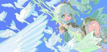 1girl bird bloomers blue_background boots bracelet cape detached_sleeves dress flower-shaped_pupils full_body genshin_impact gold_bracelet gold_trim gradient_hair green_cape green_eyes green_hair green_sleeves hair_between_eyes hair_ornament half_crown_braid hashtag-only_commentary highres holding jewelry leaf_hair_ornament long_hair looking_at_viewer multicolored_hair nahida_(genshin_impact) on_swing open_mouth pointy_ears short_sleeves side_ponytail simple_background sitting sleeveless sleeveless_dress smile solo stirrup_footwear swing symbol-shaped_pupils tototototo134 underwear white_bird white_bloomers white_boots white_dress white_hair