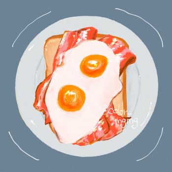 Rule 34 | bacon, bread, bread slice, breakfast, color mgmg, commentary request, egg (food), food, fried egg, grey background, highres, meat, no humans, original, plate, toast