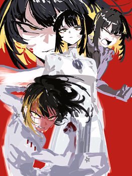 1girl angry black_hair blonde_streaks blood blood_on_hands bodysuit cobwvmeti commentary cosplay highres idolmaster idolmaster_shiny_colors ikaruga_luca invincible_(series) multicolored_hair multiple_views open_mouth red_background simple_background streaked_hair symbol-only_commentary white_bodysuit yellow_eyes