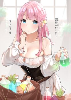 1girl :o bad_id bad_pixiv_id bare_shoulders blue_eyes blunt_bangs blush bottle breasts cleavage collarbone commentary_request corset cowboy_shot crystal detached_sleeves dress food hair_ornament hand_up holding holding_bottle large_breasts long_hair long_sleeves looking_at_viewer open_mouth original pink_hair plant potion potted_plant sakura_no_tomoru_hi_e sandwich solo strapless strapless_dress translation_request white_dress
