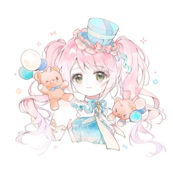 1girl argyle_choker balloon baonu_de_zhanshen_caibutou bare_shoulders blue_choker blue_dress blue_hat blue_ribbon bow choker closed_mouth cropped_torso dance_till_dawn_(infinity_nikki) detached_sleeves dot_nose dress eyelashes four-pointed_star frilled_dress frilled_headwear frills green_eyes happy hat hat_bow hat_ribbon highres infinity_nikki lace-trimmed_sleeves lace_trim light_blush light_particles lolita_fashion long_hair long_sleeves looking_at_viewer making-of_available mini_hat mini_top_hat neck_ribbon nikki_(series) official_alternate_color pink_bow pink_hair ribbon simple_background smile solo sparkle star_(symbol) star_choker strapless strapless_dress stuffed_animal stuffed_toy tareme teddy_bear top_hat twintails vertical-striped_sleeves wavy_hair white_background white_sleeves