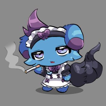 animal_ears apron blue_skin cigarette colored_skin depresso fang grey_background highres holding holding_cigarette maid_apron maid_headdress murasakigezi no_humans open_mouth pal_(creature) palworld purple_eyes smoking
