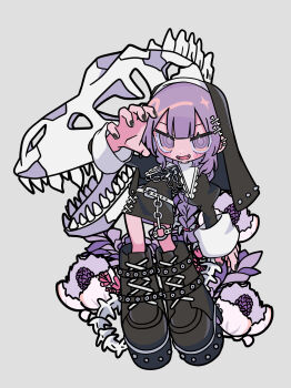 Rule 34 | 1girl, absurdres, animal skull, black boots, black dress, black nails, boots, chain, claw pose, commentary request, deformed, dress, full body, goth fashion, hand up, highres, long sleeves, looking at viewer, nail polish, nun, open mouth, original, puffy long sleeves, puffy sleeves, purple eyes, purple hair, short dress, solo, standing, teira (ooxoo), thigh strap