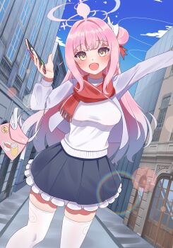 1girl absurdres alternate_costume arm_up bag black_skirt blue_archive blush breasts cellphone commentary_request doodle_sensei_(blue_archive) gradient_hair hair_bun halo highres holding holding_phone large_breasts long_hair looking_at_viewer mika_(blue_archive) misono_(misonokei) multicolored_hair open_mouth outdoors phone pink_hair pink_halo red_scarf scarf sensei_(blue_archive) single_hair_bun single_side_bun skirt smartphone smile solo sweater thick_thighs thighhighs thighs very_long_hair white_sweater white_thighhighs yellow_eyes zettai_ryouiki