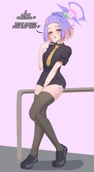 1girl absurdres black_shirt black_shoes black_shorts body_markings bright_pupils cosplay english_text gradient_hair hakimen halo highres indie_virtual_youtuber leaf leaf_on_head medium_hair multicolored_hair necktie orange_eyes pink_hair purple_hair purple_halo sachiihappy shirt shoes short_shorts shorts streaked_hair suraya_(hakimen) symbol-shaped_pupils thighhighs thighs v virtual_youtuber white_pupils x-shaped_pupils x_(symbol) yellow_necktie