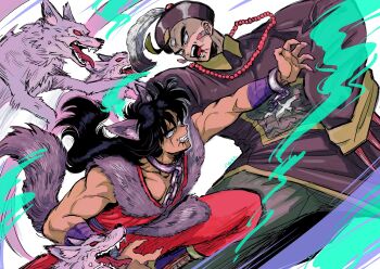 2boys animal_ears bald battle black_hair blood blood_from_mouth chain dragon_ball dragon_ball_(classic) fangs long_hair male_focus multiple_boys muscular muscular_male pants red_pants red_shirt shirt tail tanukichi_(spica1985) tanukick23 tenshinhan third_eye wolf wolf_boy wolf_ears wolf_tail yamcha