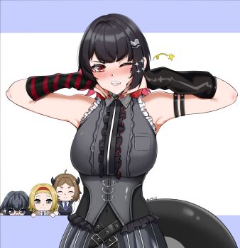 4girls alternate_costume arm_strap arm_warmers armpits arms_up bare_shoulders black_hair black_horns blonde_hair blush breast_pocket breasts center_frills chibi choker clenched_teeth closed_eyes closed_mouth commentary covered_navel ellen_joe english_commentary fins fish_tail frills glasses green_eyes hair_ornament hairband hairclip highres horns large_breasts lion_space looking_at_viewer lynn_(zenless_zone_zero) medium_hair monna_(zenless_zone_zero) multicolored_hair multiple_girls one_eye_closed pocket red_eyes red_hair ruby_(zenless_zone_zero) shark_tail sharp_teeth skirt small_horns solo_focus star_(symbol) straight-on tail teeth two-tone_hair upper_body vest wing_collar zenless_zone_zero