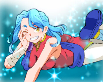 Rule 34 | 1girl, ass, bandaged wrist, bandages, blue background, blue hair, blue shoes, blush, breasts, china dress, chinese clothes, dress, grin, head rest, large breasts, light particles, long hair, looking at viewer, lying, one eye closed, onnaski, pants, red dress, sea of stars, shoes, sleeveless, sleeveless dress, smile, sparkle, sparkle background, teeth, valere, white pants, wink, yellow eyes