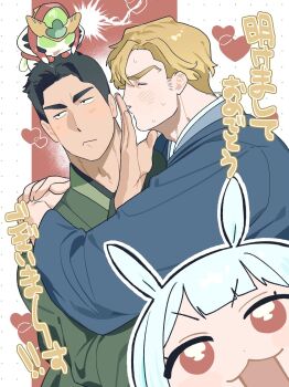 1girl 2boys :3 ao_isami black_eyes black_hair blonde_hair blue_kimono blush bravern chibi closed_eyes closed_mouth commentary_request dotted_background green_kimono hand_on_another's_face heart highres hug japanese_clothes kimono lewis_smith lulu_(bang_bravern) male_focus multiple_boys open_mouth red_eyes rejected_kiss short_hair sweat thick_eyebrows translation_request white_background white_hair yaoi yarou_first yuuki_bakuhatsu_bang_bravern
