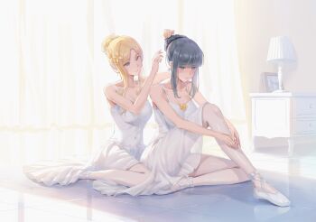 Rule 34 | 2girls, absurdres, adjusting another's hair, athletic leotard, ballerina, ballet slippers, blonde hair, blush, braid, breasts, bun with braided base, chest of drawers, cleavage, collarbone, commentary request, covered navel, curtains, day, desk lamp, flower, flowers (innocent grey), grey hair, hair bun, hair flower, hair ornament, hands on own leg, highres, indoors, kafkasea, komikado nerine, lamp, leotard, multiple girls, sidelocks, sitting, smile, tile floor, tiles, yatsushiro yuzuriha, yuri