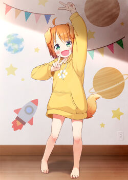1girl :d ahoge animal_ears arm_up barefoot blush collarbone commentary_request dog_ears dog_girl dog_tail double_v drawstring fang full_body green_eyes highres hood hood_down hoodie indoors inuarashi long_sleeves looking_at_viewer meiko_(inuarashi) open_mouth orange_hair original puffy_long_sleeves puffy_sleeves smile solo standing star_(symbol) tail v wooden_floor yellow_hoodie