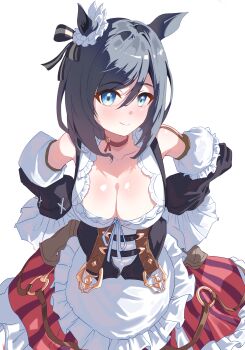 1girl absurdres animal_ears bare_shoulders black_hair blue_eyes blush bob_cut bodice breasts choker cleavage closed_mouth collarbone commentary_request detached_sleeves dirndl ear_scrunchie eishin_flash_(meisterschaft)_(umamusume) eishin_flash_(umamusume) falibd german_clothes hair_between_eyes highres horse_ears horse_girl large_breasts long_sleeves looking_at_viewer red_choker red_skirt scrunchie shirt short_hair simple_background skirt smile solo striped_clothes striped_skirt swept_bangs umamusume vertical-striped_clothes vertical-striped_skirt white_background white_scrunchie white_shirt