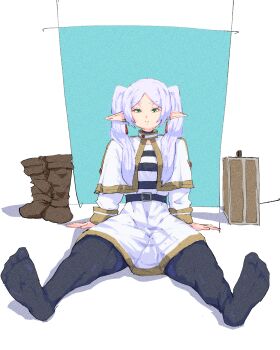 Rule 34 | 1girl, belt, black belt, black pantyhose, capelet, commentary request, earrings, elf, frieren, green eyes, highres, jewelry, kaneko ryou, long hair, long sleeves, pantyhose, pointy ears, simple background, sitting, smile, solo, sousou no frieren, teardrop earrings, twintails, white capelet, white hair