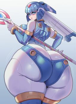 1girl ass ass_focus behind_view blue_eyes blush breasts butt_crack curvy fairy_leviathan_(mega_man) female_focus from_behind gluteal_fold headgear huge_ass looking_at_viewer looking_back mega_man_(series) mega_man_zero_(series) narrow_waist plump solo staff sweat thick_thighs thighs tight_clothes wide_hips ytrall