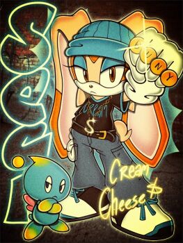 1girl alternate_costume animal_ears black_shirt blnkn01z blue_eyeshadow blue_hat brown_eyes chao_(sonic) cheese_(sonic) clenched_hands commentary cream_the_rabbit crossed_arms dollar_sign english_commentary eyeshadow full_body furry furry_female gloves hat jewelry makeup multiple_rings rabbit_ears rabbit_girl rabbit_tail ring shirt sonic_(series) sparkle standing tail white_gloves