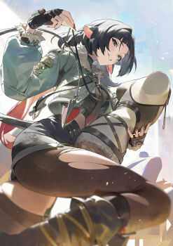 1girl animal_ears black_gloves black_hair black_necktie black_shirt black_shorts breasts commentary crop_top english_commentary fingerless_gloves fingernails fur-trimmed_jacket fur_trim gloves green_eyes green_jacket high-waist_shorts highres holding jacket jane_doe_(zenless_zone_zero) long_sleeves looking_at_viewer medium_breasts midriff modare mouse_ears mouse_girl mouse_tail nail_polish necktie pantyhose parted_lips red_hair red_nails red_necktie sharp_tail shirt shorts single_leg_pantyhose smile solo tail thighs torn_clothes torn_pantyhose two-tone_necktie zenless_zone_zero