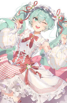 1girl absurdres aqua_eyes aqua_hair arm_tattoo blush commentary_request detached_sleeves flower food frilled_hairband frilled_skirt frills fruit hair_between_eyes hair_flower hair_ornament hairband hatsune_miku highres holding holding_food holding_fruit long_hair long_sleeves looking_at_viewer number_tattoo one_eye_closed open_mouth red_trim shirt simple_background skirt sleeveless sleeveless_shirt smile solo strawberry ta_(rmtr4348) tattoo vocaloid white_background white_skirt