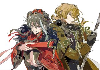 1boy 1girl a_certain_sinclair_(project_moon) aged_up animal animal_on_shoulder bird bird_on_shoulder black_bird black_gloves blonde_hair bow coat commentary_request double_bun dress folding_fan fur-trimmed_coat fur_trim gloves grey_dress grey_hair hair_bow hair_bun hand_fan highres holding holding_fan holding_weapon jia_xichun_(project_moon) jingshenhuanghu limbus_company load_bearing_vest long_hair long_sleeves looking_at_viewer multicolored_hair number_four_(asl) open_clothes open_coat open_hand parted_lips pink_eyes project_moon red_bow red_coat red_nails red_sleeves sample_watermark sidelocks sinclair_(project_moon) smile smirk streaked_hair trench_coat tsurime watermark weapon white_background white_hair white_mouth yellow_coat yellow_eyes yellow_sleeves