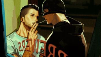 2boys bara beard_stubble black_hair call_of_duty call_of_duty:_modern_warfare_2 cigarette_kiss couple eye_contact facial_hair from_side ghost_(modern_warfare_2) highres kdf_(nomorelemontea) looking_at_another male_focus mask_lift mature_male multiple_boys muscular muscular_male mustache_stubble profile reflection short_hair sideburns_stubble soap_(modern_warfare_2) stubble thick_eyebrows undercut upper_body yaoi