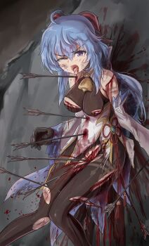1girl arrow arrow_(projectile) arrow_in_body artist_request blood blue_hair breasts cuts dying ganyu_(genshin_impact) genshin_impact gloves guro highres injury long_hair one_eye_closed open_mouth purple_eyes solo torn_clothes torn_legwear