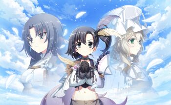 3girls artist_request asako_koito asako_komaki ascot asymmetrical_bangs belt black_collar black_gloves black_hair black_ribbon black_shirt blonde_hair blue_eyes blue_hair blue_sky bow breasts brooch brown_belt buttons cape capelet chest_belt closed_mouth cloud collar cowboy_shot crop_top cropped_jacket day detached_collar determined dot_nose dress_shirt expressionless feather_hair_ornament feathers frilled_headwear frilled_sleeves frills frown furrowed_brow game_cg gem gloves green_eyes grey_gem grey_hair grey_jacket grey_shorts hair_between_eyes hair_ornament hat high_collar highres interlocked_fingers jacket jewelry large_breasts light_frown light_particles long_hair long_sleeves magical_girl mahou_shoujo_madoka_magica mahou_shoujo_madoka_magica_magia_exedra mahou_shoujo_oriko_magica mandarin_collar midriff mikuni_oriko multiple_girls navel neck_ribbon official_art open_clothes open_jacket outdoors own_hands_clasped own_hands_together parted_bangs pink_gem pointy_nose projected_inset puffy_long_sleeves puffy_sleeves purple_bow purple_cape ribbon shako_cap shirt short_hair short_side_ponytail shorts siblings sisters sky sleeve_bow sleeves_past_wrists standing straight-on tareme third-party_source tsurime wavy_hair white_ascot white_capelet white_hat white_jacket white_shirt