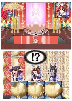 !? +_+ 4girls ahoge animal_ears black_hair blonde_hair blue_eyes blush breasts brown_hair closed_mouth collarbone commentary_request embarrassed expressionless falling_petals full_body hat highres horse_ears horse_girl komakasugite_tsutawaranai_monomane_senshuken looking_at_viewer medium_breasts multicolored_hair multiple_girls neo_universe_(umamusume) open_mouth petals pressing_button school_uniform shino_(ponjiyuusu) small_breasts stage standing still_in_love_(umamusume) surprised sweep_tosho_(umamusume) tracen_school_uniform translation_request trap_door two-tone_hair umamusume unlikely_accident veil walking witch_hat zenno_rob_roy_(umamusume)