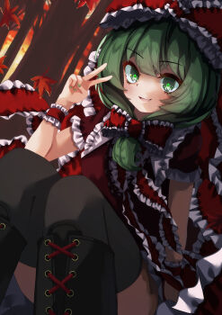 1girl absurdres black_thighhighs bow cheesegyuudon09 collared_dress commentary_request commission dress dutch_angle forest front_ponytail green_eyes green_hair green_nails highres kagiyama_hina leaf looking_at_viewer maple_leaf nature open_mouth outdoors pixiv_commission red_bow red_dress red_ribbon revision ribbon sitting smile solo thighhighs touhou tree v wrist_ribbon
