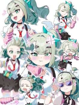 1girl :t anger_vein annoyed arm_warmers backpack bag bandaid bandaid_hair_ornament black_skirt blush choker closed_eyes closed_mouth commentary_request earrings fang green_eyes green_hair hair_ornament hairclip heisei_retro highres jewelry long_hair looking_at_viewer multiple_expressions multiple_hair_clips musical_note_earrings necktie one_side_up open_mouth pink_arm_warmers pink_bag pout red_necktie shirt skin_fang skirt smile striped_arm_warmers sunglasses sunna_(zenless_zone_zero) sweat uixy v-shaped_eyebrows white_shirt winged_bag y2k_fashion zenless_zone_zero