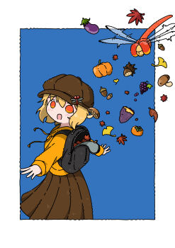 1girl absurdres acorn autumn autumn_leaves backpack bag blonde_hair blue_background border brown_hat brown_skirt bug chestnut commentary_request dragonfly drawstring emesan_desu food fruit ginkgo_leaf grapes hat highres insect jacket leaf mushroom orange_eyes original outside_border pleated_skirt pumpkin skirt sweet_potato upper_body white_border yellow_jacket