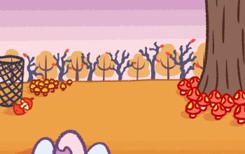 absurdres apple apple_core autumn autumn_leaves balm_mushroom commentary english_commentary falling_leaves food fruit highres katsumuri leaf mushroom nintendo no_humans outdoors pokemon pokemon_(creature) scenery tiny_mushroom_(pokemon) trash_can tree