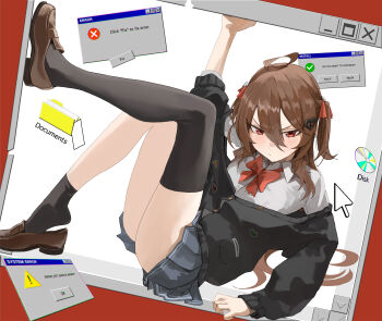 1girl :/ ahoge arm_above_head asymmetrical_legwear black_cardigan black_thighhighs blush bow bowtie broken_heart broken_heart_hair_ornament brown_hair brown_shoes button_gap cardigan collared_shirt cursor double-parted_bangs error_message evil_neuro-sama folder full_body grey_skirt hair_between_eyes hair_ribbon heart highres icon_(computing) knees_up leg_up loafers long_bangs long_sleeves looking_at_viewer mbkona miniskirt neuro-sama off-shoulder_cardigan pleated_skirt pout red_background red_bow red_bowtie red_eyes red_ribbon ribbon shirt shoes skirt sleeve_rolled_up solo stuck_in_a_box taskbar thighhighs torn_hair_ribbon two_side_up uneven_legwear v-shaped_eyebrows vedal_ai white_shirt window_(computing)