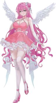 1girl absurdres angel_wings breasts choker cleavage criss-cross_halter disgustingtokki dorothy_(nikke) dorothy_(nostalgia)_(nikke) dress feathered_wings feathers flower goddess_of_victory:_nikke hair_bun hair_intakes halterneck highres large_breasts long_hair looking_at_viewer official_alternate_costume parted_lips pink_choker pink_dress pink_hair purple_eyes single_hair_bun single_side_bun smile solo thigh_strap thighhighs white_thighhighs wings