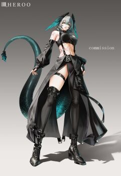 1girl absurdres alternate_costume aqua_eyes aqua_wings arknights arm_tattoo artist_name asymmetrical_legwear belt black_belt black_boots black_choker black_gloves black_jacket black_shirt black_thighhighs boots breasts choker clothes_around_waist commentary crop_top english_commentary english_text feathered_wings fingerless_gloves full_body garter_straps gloves grey_background grey_hair harness head_wings high_heel_boots high_heels highres ho&#039;olheyak_(arknights) jacket jacket_around_waist long_hair looking_at_viewer louu_heroo medium_breasts navel open_mouth parted_lips shirt side_slit simple_background snake_girl snake_tail solo standing stomach_tattoo suspenders tail tattoo thigh_harness thighhighs wings