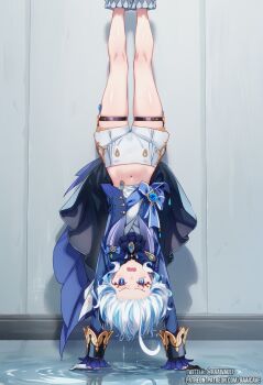 1girl ahoge ascot black_gloves black_straps blue_ascot blue_eyes blue_gemstone blue_hair blue_jacket blue_pupils breasts bright_pupils dot_nose drop-shaped_pupils english_text female_focus flat_chest frilled_ascot frilled_shirt_collar frills furina_(genshin_impact) gem genshin_impact gloves handstand heterochromatic_eyewear highres jacket leg_strap legs long_sleeves looking_at_viewer midriff multicolored_hair nail_polish open_mouth pants raaivault sexually_suggestive short_hair shorts small_breasts solo solo_focus stomach sweat sweatdrop symbol-shaped_pupils teardrop-shaped_gem thigh_strap thighs tight_clothes tight_pants tinted_eyewear two-tone_hair upside-down watermark white_gloves white_hair white_pupils white_shorts