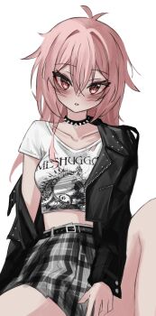 1girl absurdres akarinnndesu antenna_hair band_shirt belt black_belt black_choker blush breasts choker collarbone hashtag-only_commentary heavy_metal high-waist_skirt highres jacket jacket_partially_removed leather leather_jacket long_hair looking_at_viewer merchandise meshuggah miniskirt mumble_(shachimu) original out-of-frame_censoring pink_eyes pink_hair plaid_clothes plaid_skirt shirt simple_background sitting skirt small_breasts solo spiked_choker spikes white_background