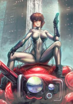 1girl breasts city ghost_in_the_shell gun kusanagi_motoko large_breasts sitting weapon