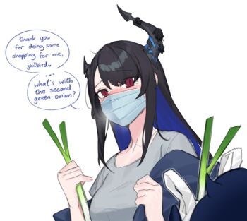 Rule 34 | 1girl, alternate costume, asymmetrical horns, black hair, blue hair, blush, breasts, casual, colored inner hair, contemporary, dasdokter, demon horns, flower, hololive, hololive english, horn flower, horns, jailbird (nerissa ravencroft), long hair, mask, mole, mole under eye, mouth mask, multicolored hair, nerissa ravencroft, red eyes, sick, surgical mask, two-tone hair, uneven horns, virtual youtuber, white mask