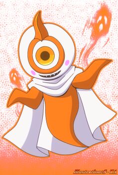 Rule 34 | 1girl, artist name, blush stickers, cape, colored skin, commentary request, ghost, ghost girl, ghost tail, horns, ibispaint (medium), kamen rider, kamen rider ghost (series), no humans, one-eyed, open mouth, orange hair, orange outline, orange skin, outline, sharp teeth, single horn, solo, sta0829913, teeth, white cape, yurusen