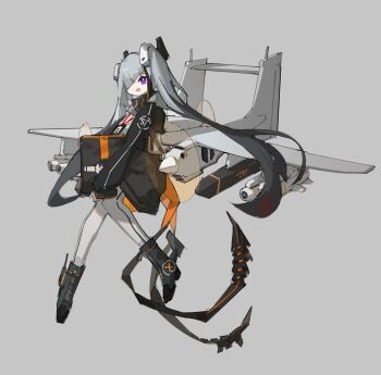 :d air-to-surface_missile black_jacket box drone frider hair_over_one_eye highres holding holding_box jacket mecha_musume missile multicolored_hair multiple_tails open_mouth original personification propeller purple_eyes smile tachi-e tail tengden_tb-001 thighhighs twintails two-tone_hair two_tails unmanned_aerial_vehicle unmanned_combat_aerial_vehicle white_hair white_thighhighs