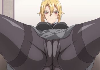 1girl angelica_rapha_redgrave black_jacket black_legwear blazer blonde_hair breasts collared_shirt grey_skirt hair_behind_ear hair_between_eyes jacket large_breasts looking_at_viewer makiri_akira otome_game_sekai_wa_mob_ni_kibishii_sekai_desu panties red_eyes red_ribbon ribbon shirt sidelocks skirt solo spread_legs underwear