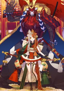 1girl armor asymmetrical_legwear asymmetrical_sleeves back_bow black_gloves black_socks blunt_bangs bow breasts closed_mouth fate/grand_order fate_(series) frilled_gloves frills full_body game_cg gloves green_kimono hair_bun hair_ornament hairband helmet izumo_no_okuni_(fate) izumo_no_okuni_(third_ascension)_(fate) japanese_armor japanese_clothes kabuki kabuto_(helmet) katana kimono long_hair long_sidelocks long_sleeves looking_at_viewer low-tied_sidelocks miniskirt multicolored_hair multicolored_kimono noco_(adamas) official_art okobo orange_hair outstretched_arms platform_sandals quad_buns red_armor red_kimono robot rope samurai sandals sheath sheathed shide short_kimono short_sleeves shoulder_armor sidelocks single_glove skirt smile socks sode sphere_hair_ornament split-color_hair standing striped_clothes striped_kimono sword tabi tassel third-party_source twintails two-tone_hair uneven_sleeves variant_set weapon white_hair white_skirt wide_sleeves zanzaburou_(fate)