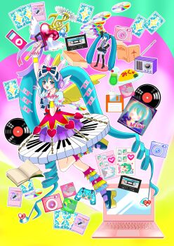1girl absurdly_detailed_composition absurdres aqua_eyes aqua_hair black_shoes book bow brooch cassette_tape cd colorful commentary_request computer controller cute_x_subculture_hatsune_miku_design_contest cyber_fashion digital_camera mp3_player dress fashion figure floppy_disk food fur_leg_warmers game_controller hair_bow hatsune_miku headphones heart heisei heisei_retro highres holding holding_wand ice_cream ice_cream_float instrument ipod ipod_nano ipod_nano_4g jewelry laptop leg_warmers long_hair minidisc musical_note omelet padora9 piano puffy_short_sleeves puffy_sleeves purple_socks radio shoes short_sleeves socks solo sticker trading_card treble_clef twintails very_long_hair vinyl_record vocaloid wand winged_headphones yu-gi-oh!