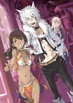 1boy 2girls abs aiz_wallenstein animal_ears bare_arms bete_loga bikini black_choker black_gloves black_hair black_pants blonde_hair breasts brown_eyes choker commentary_request cover_image cropped_jacket dark-skinned_female dark_skin dungeon_ni_deai_wo_motomeru_no_wa_machigatteiru_darou_ka earrings facial_mark fangs fur-trimmed_jacket fur_trim gloves grey_hair grey_jacket haimura_kiyotaka hand_in_pocket hand_on_another&#039;s_arm highres hoop_earrings jacket jewelry lena_tally long_hair multiple_girls navel novel_illustration official_art open_clothes open_jacket open_mouth pants parted_lips pelvic_curtain pointing second-party_source short_hair small_breasts standing stomach swimsuit sword_oratoria white_bikini wolf_boy wolf_ears yellow_eyes