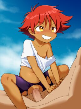 1boy 1girl bike_shorts blue_sky blush cloud cloudy_sky commentary cowboy_bebop dark-skinned_female dark_skin day edward_wong_hau_pepelu_tivrusky_iv faceless faceless_male flat_chest girl_on_top hetero highres loli midriff_peek nipple_slip nipples off_shoulder outdoors pants penis pussy pussy_juice red_hair reverse_trap sex shino_(shinokani) short_hair sky smile teeth tomboy torn_clothes torn_pants uncensored vaginal yellow_eyes