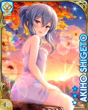 1girl :d autumn autumn_leaves bare_arms bare_legs bare_shoulders barefoot breasts card_(medium) character_name evening female_focus fence forest girlfriend_(kari) grey_hair leaf long_hair nature official_art open_mouth outdoors qp:flapper shigeto_akiho sitting smile sunset tagme towel white_towel wooden_fence