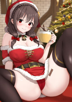 1girl absurdres barcode barcode_tattoo bare_shoulders bell black_hair black_thighhighs blurry blurry_background blush bow braid breasts brick_wall cleavage closed_mouth commentary_request cowbell crown_braid cup detached_sleeves dress drinking_glass fur-trimmed_dress fur-trimmed_sleeves fur_trim gibun_(sozoshu) hair_bow highres holding holding_cup indoors knee_up kono_subarashii_sekai_ni_shukufuku_wo! large_breasts long_hair looking_at_viewer low_twintails neck_bell panties red_bow red_dress red_eyes red_panties santa_costume santa_dress smile solo tattoo thick_thighs thighhighs thighs twintails underwear yunyun_(konosuba)