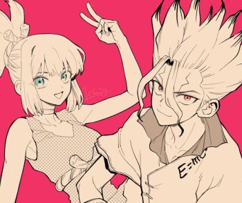 1boy 1girl blue_eyes breasts choker closed_mouth dr._stone dress hair_ornament high_ponytail ishigami_senkuu kohaku_(dr._stone) long_hair looking_at_viewer male_focus ninomae_gin open_mouth polka_dot polka_dot_dress ponytail red_background red_eyes smile spiked_hair sportswear very_long_hair