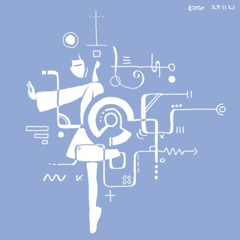 Rule 34 | 1girl, abstract, blending, blue background, blue theme, blunt bangs, closed eyes, colo (frypan soul), dated, dated commentary, dress, from side, full body, highres, jaggy lines, long sleeves, monochrome, original, outstretched arm, profile, shapes, short dress, signature, solo, standing